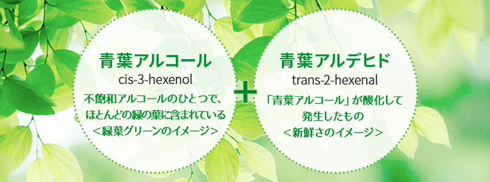 日本予防医薬株式会社 青葉アルコール＝シス-3-ヘキセノールcis-3-hexenol 不飽和アルコールのひとつで、ほとんどの緑の葉に含まれている＜緑葉グリーンのイメージ＞+青葉アルデヒドtrans-2-hexenal 「青葉アルコール」が酸化して発生したもの＜新鮮さのイメージ＞